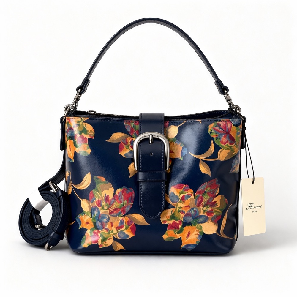 Patricia Nash Irving Bucket Crossbody Bag Distress Le Fleur Leather Black Blue - Picture 2 of 13